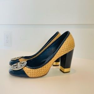 TORY BURCH Reva Maddie Navy & Straw Pump , round toe, block heel- SIZE 10